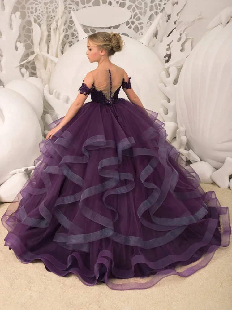 Robes de demoiselle d'honneur en dentelle violette, tulle gonflé, grande robe de princesse traînante, costume de fête d'anniversaire, nouvel an