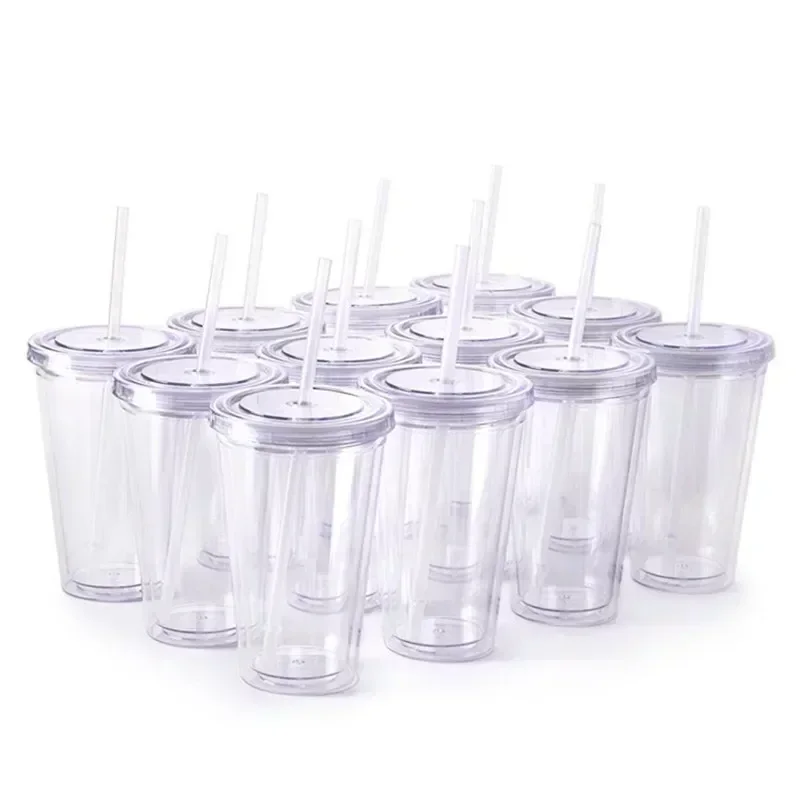 

16oz/22oz Reusable Travel Ice Coffee Mugs Double Wall Insulate Clear Plastic Tumblers With Lid And Straws 1pcs,3pcs,12pcs/set