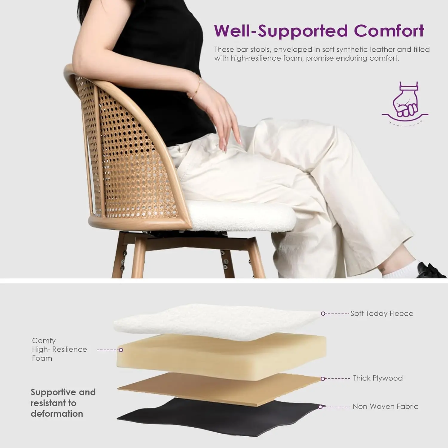 طقم مقاعد بار مقاس 29 بوصة مكون من قطعتين، ارتفاع دوار، مسند ظهر من الروطان، أرجل معدنية، مقاعد جزيرة مطبخ بوهو الحديثة، أبيض