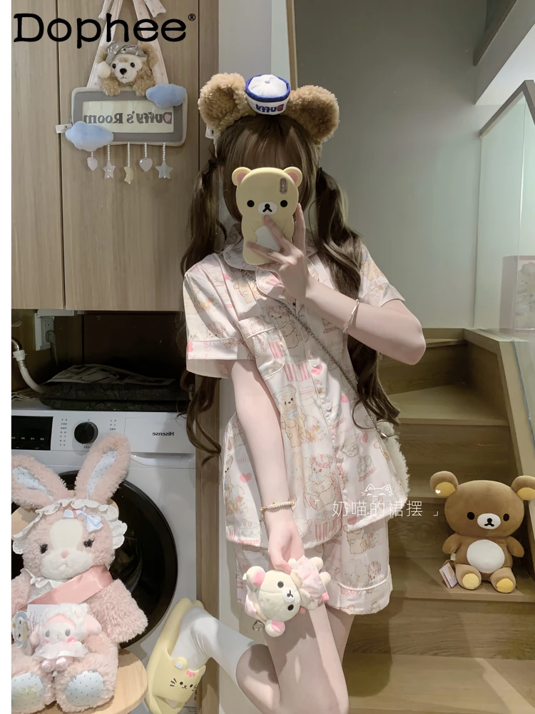 

Japanese Original Cartoon Print Sweet Girl Ice Silk Long-sleeved Pajamas Cute Casual Loose Cool Breathable Loungewear Set