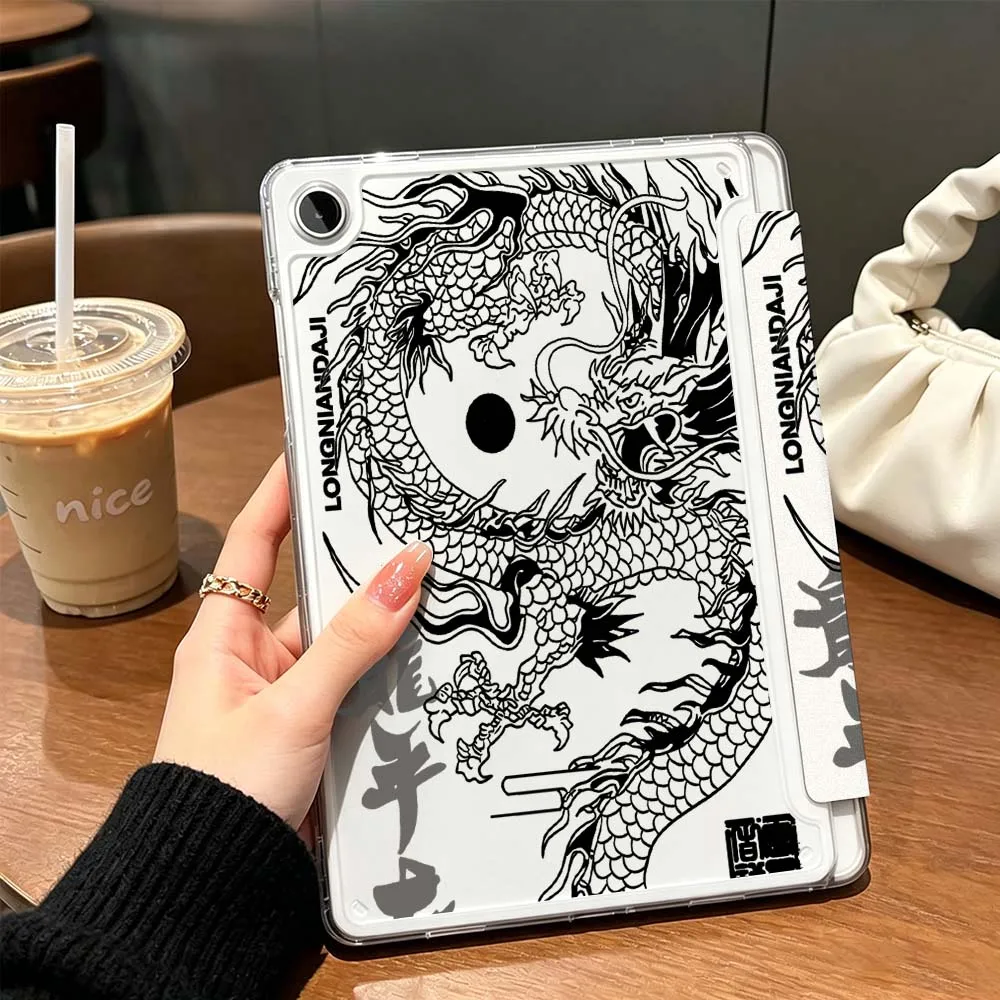 Chinese Dragon Pattern For Samsung Galaxy Tab A9 A8 A11 S6 S7 S8 S9 S10 FE Plus Lite Transparent Y-Shaped Folding Tablet Case