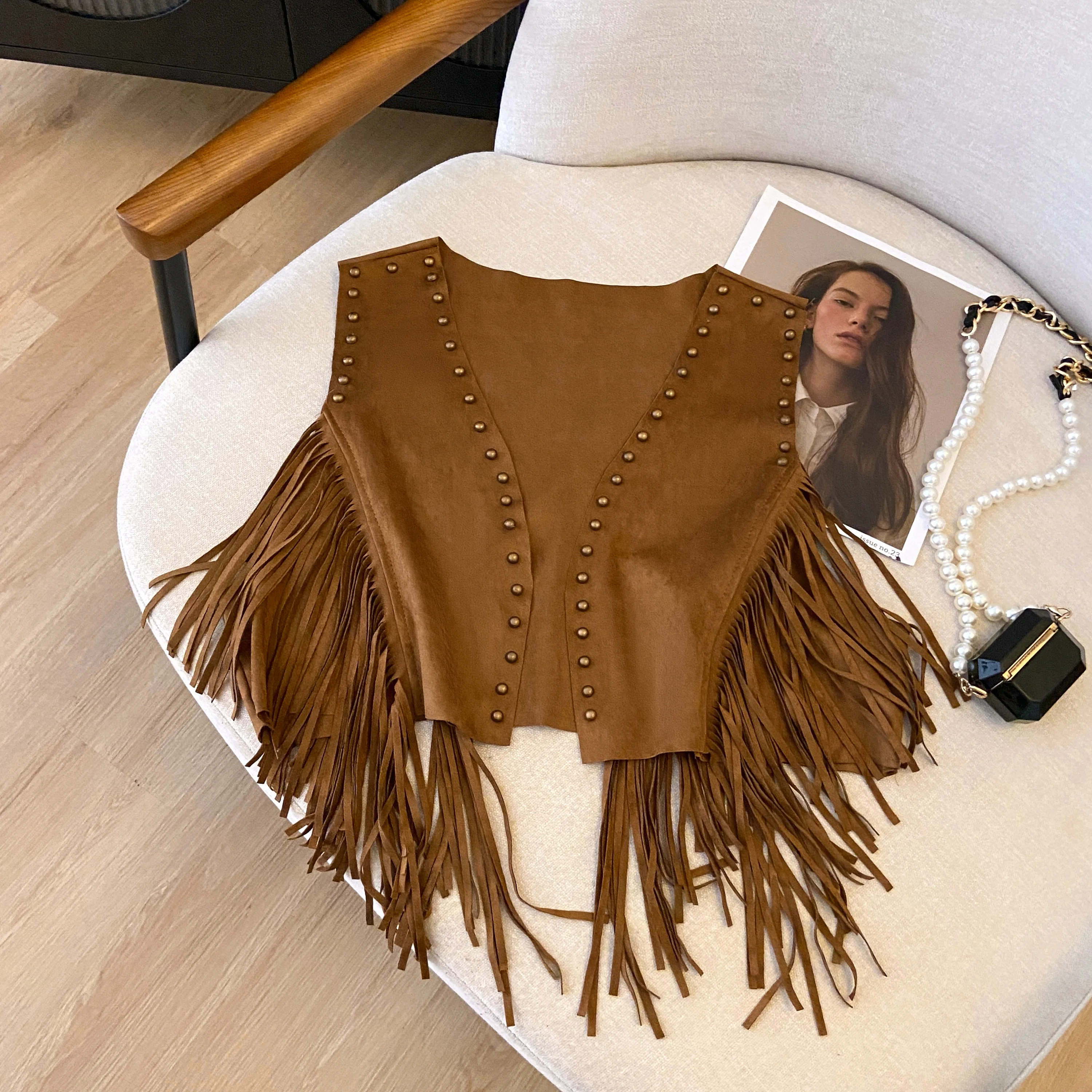 

Retro Nomadic Sle Suede Fringe Vest ort Women's Outerwear Street Faion Spring Collection No Button Closure