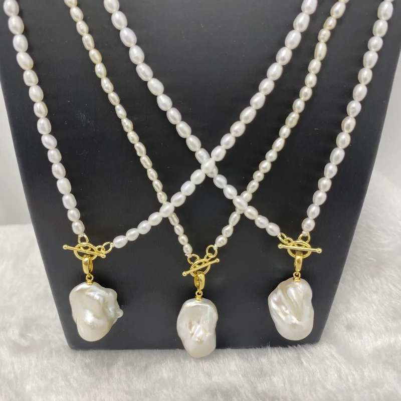 

4A High Quality Natural Freshwater Pearl Pendant Rice Chain Necklace for Women Vintage Elegant Baroque Pearls Necklaces Gift