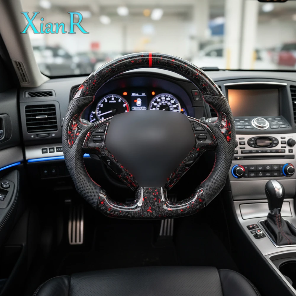 Red Forged Carbon Fiber Luxury Sports Steering Wheel with Black Perforated Leather & Red Paddles for Infiniti G37 G35 Q50 view 6