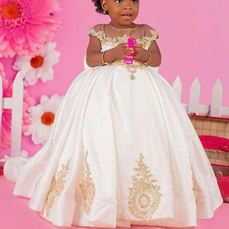 Flower Girl Dress Lace Sheer Neck Satin Children Girl Wedding Birthday Party First Communion Holiday Gown