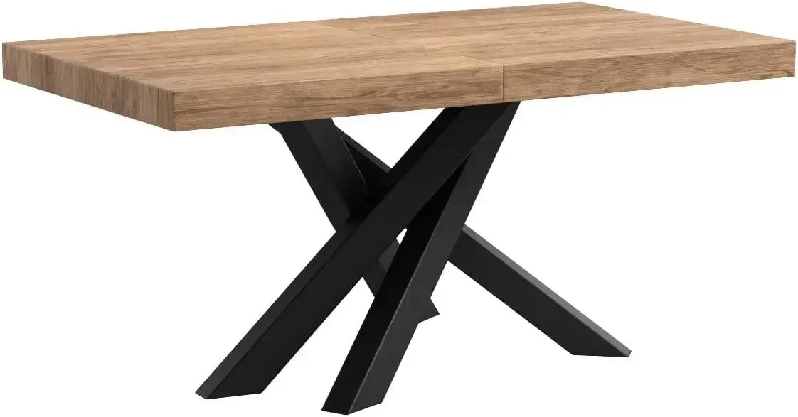 إيما 63 (94,5) × 35.4 بوصة طاولة طعام قابلة للتمديد، بلوط ريفي بأرجل متقاطعة سوداء، تتسع لـ 6-10 أشخاص، طاولة طعام قابلة للتوسيع