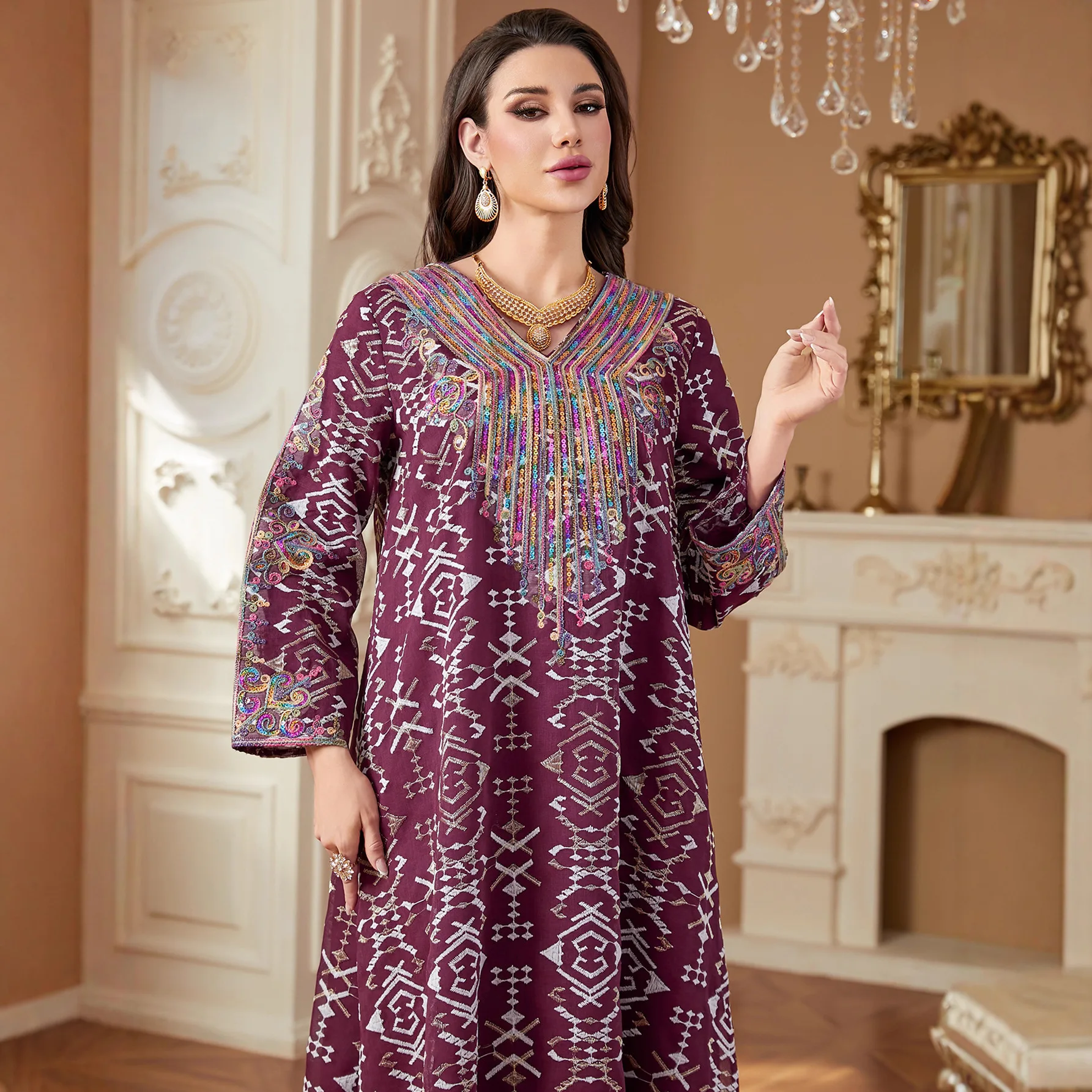 

Праздничные вышитые платья-абайи для мусульманок на Ид Мубарак: свободные арабские джалабии, кафтаны, турецкие халаты для вечеринок (Марокко, Дубай)