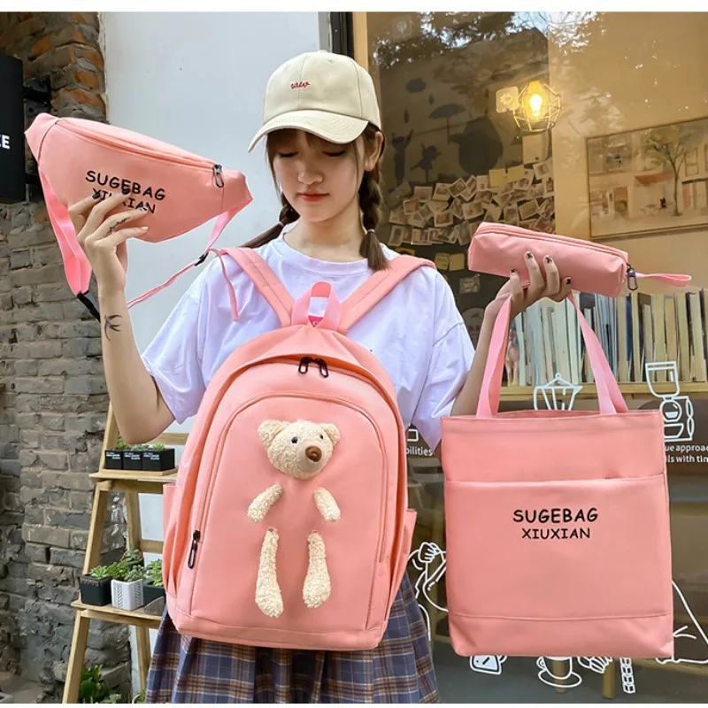 Bear Schoolbag Sets para Meninas, Bolsas, Pacotes de Cintura, Respirável, Impermeável, Grande Capacidade, Viagem de Lazer, Bolsa de Ombro, Mochilas Kawaii