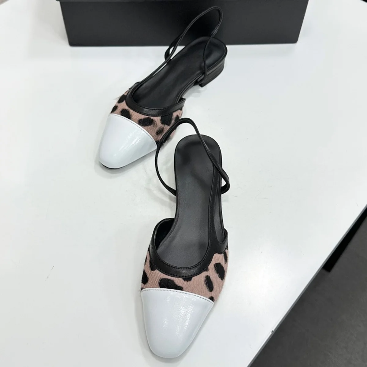 Zapatos Planos de Mujer con Estampado de Leopardo y Pelo Suave, Punta Cuadrada, Estilo Slingback, Moda Verano Casual YYT26060131