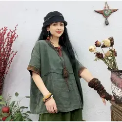 Cotton Linen T Shirt Women Vintage Art Style Loose T-shirt Casual Loose Design Short Sleeve Top Summer Trend V-neck Short Tshirt