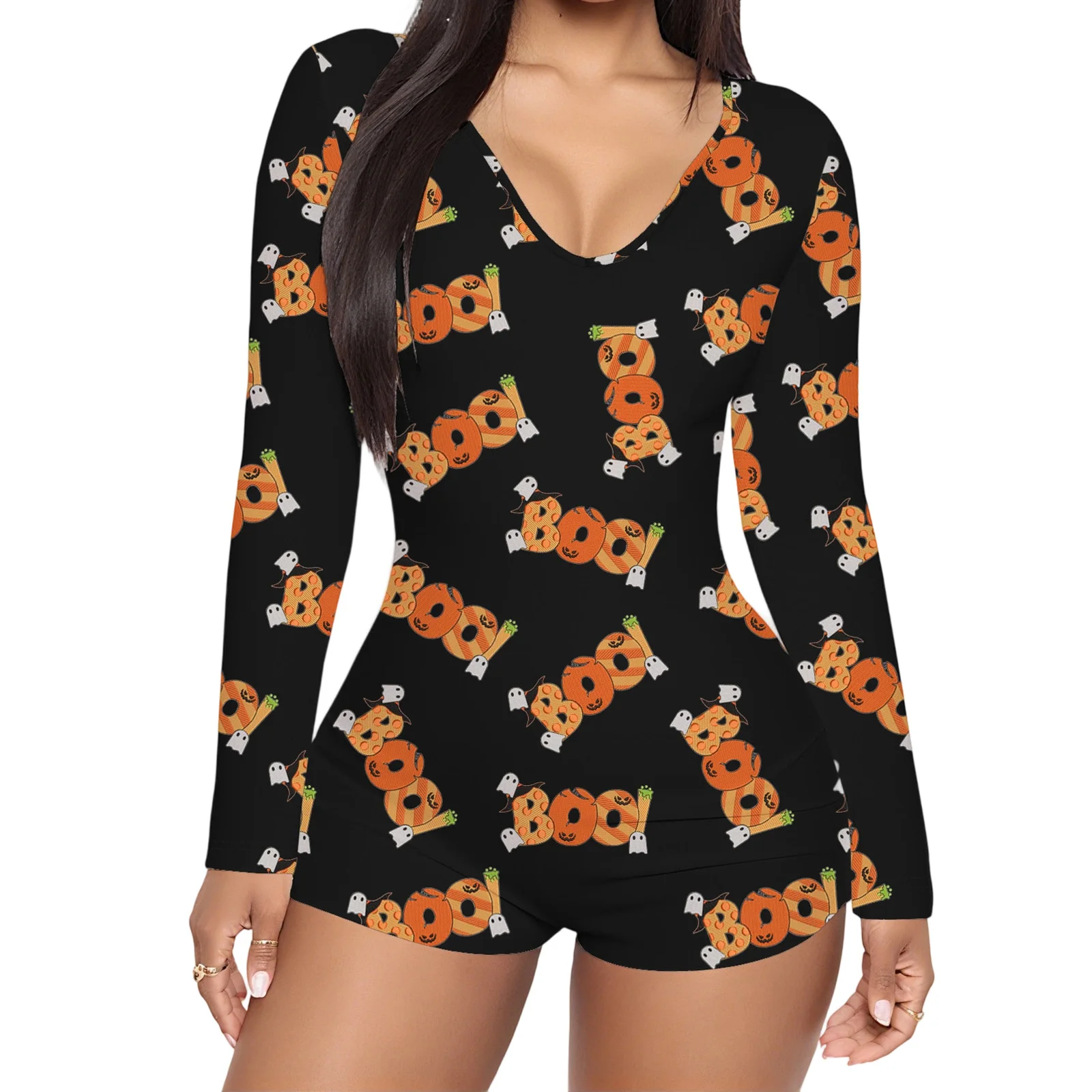 

Women Halloween Jumpsuit Long Sleeve V Neck Ghost Letters Grimace Print Fit Bodysuit Loungewear Sleepwear