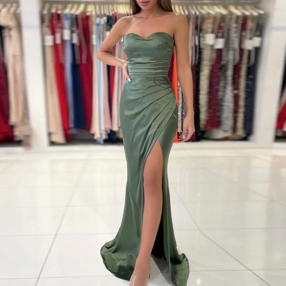 

Simple Green Strapless Sleeveless Mermaid Prom Dresses Elastic Satin Floor-Length Sexy Slit Formal Party Gowns Vestidos De Festa