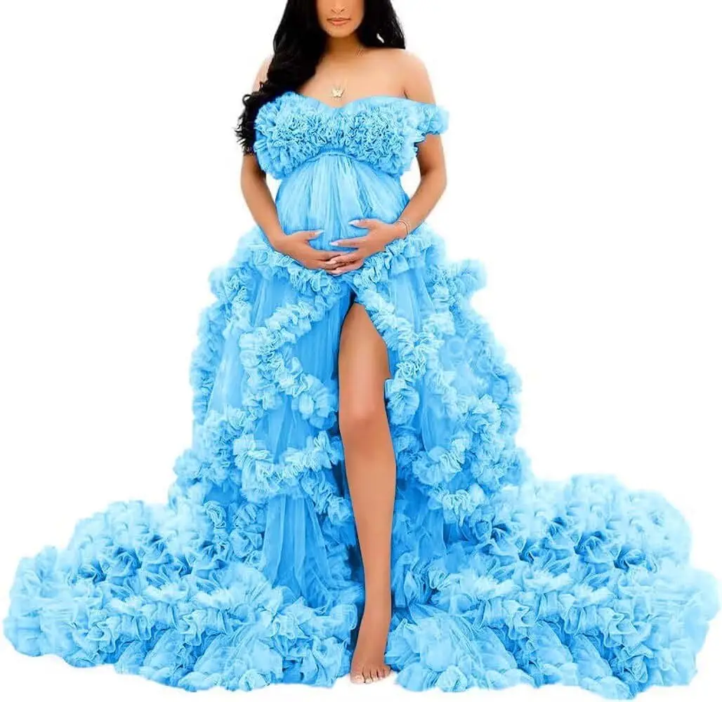 Fotoshoot & babyshower tule zwangerschapsjurk - off-shoulder, puffy ruches, elegante lange jurk voor zwangerschap