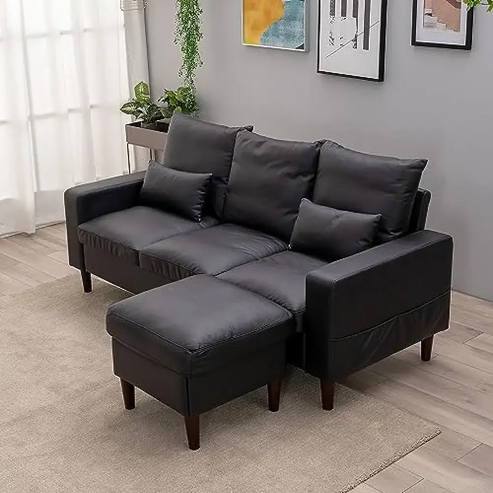 Juego de sofá seccional en forma de L moderno con otomano Convertible, sofá de 3 asientos en tela de cuero negro, sala de estar elegante