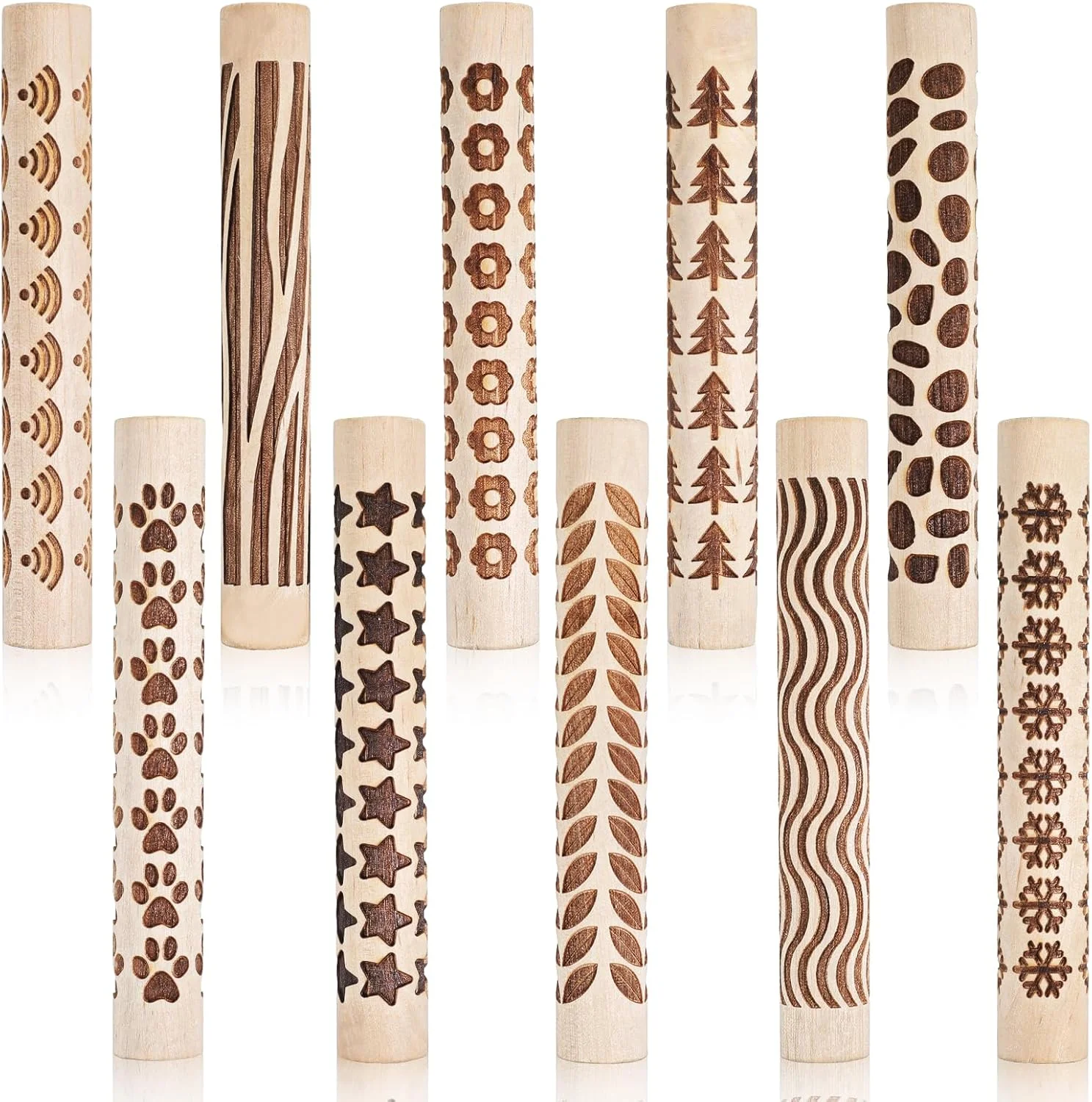 Juego de 10 Rodillos de Madera para Texturizar Arcilla, Herramientas para Cerámica con Sellos y Rodillos Texturizados