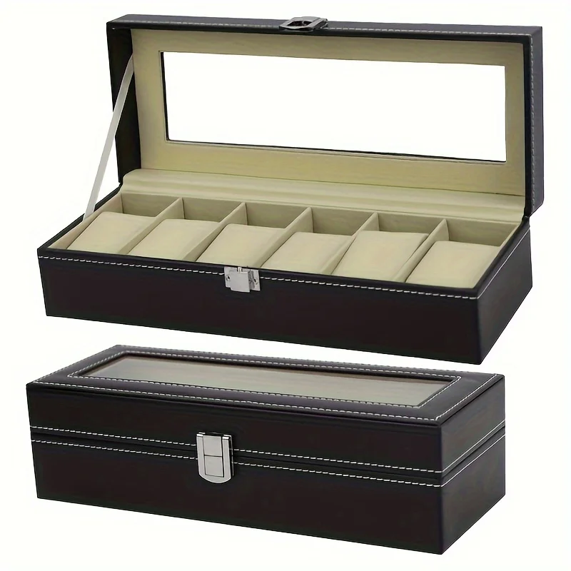 Vetrina per orologi e gioielli in pelle nera a 6 Slot di lusso-elegante Organizer Flip-Top per accessori