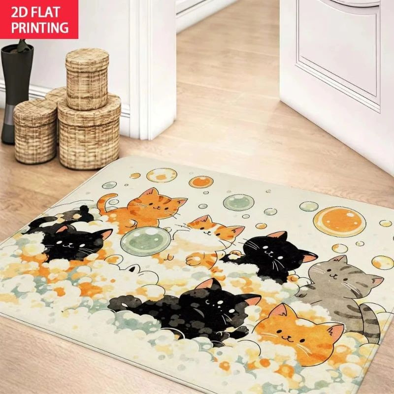 2D Flat Cute Cats Playing In Bubbles Flannel Bath Mat Non Slip Kawaii Pet Lover Rug For Bathroom Kids Room Floor Decor