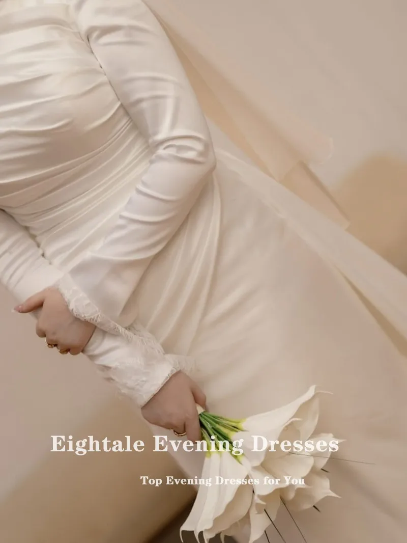 Eightale Arabic Wedding Dress O-Neck Customized Ivory Satin Long Sleeves Pleat Muslim Bridal Gown Mermaid Bride Party Dress