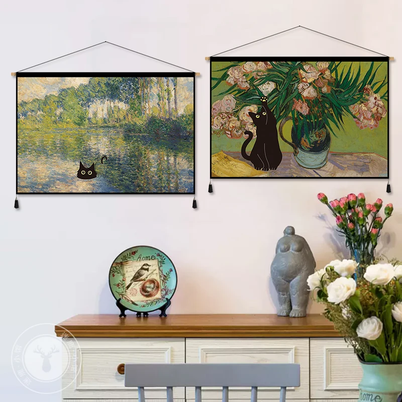 Funny Art Tapestry Black Cat Reworked Famous Paintings Wall Hanging with Rod Home Aesthetic Decoration for Living Room Bedroom