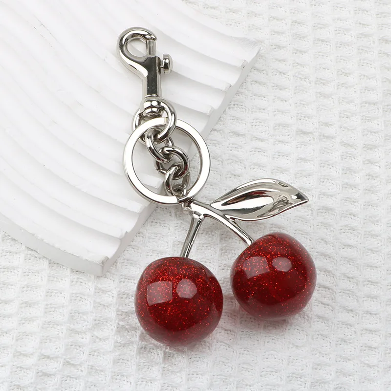 Silver Cherry Fruit Bag Charm Keychain Red Cherry Keyring for Elegant Women Backpack Purse Pendant Jewelry Gift