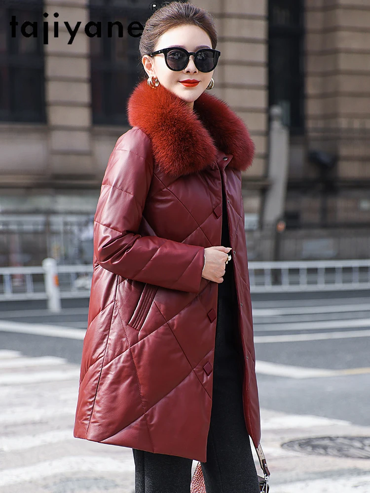 TAJIYANE 100% pelle di pecora Piumino di media lunghezza in vera pelle Piumino da donna Colletto di volpe Capispalla invernale Abbigliamento da donna 2025