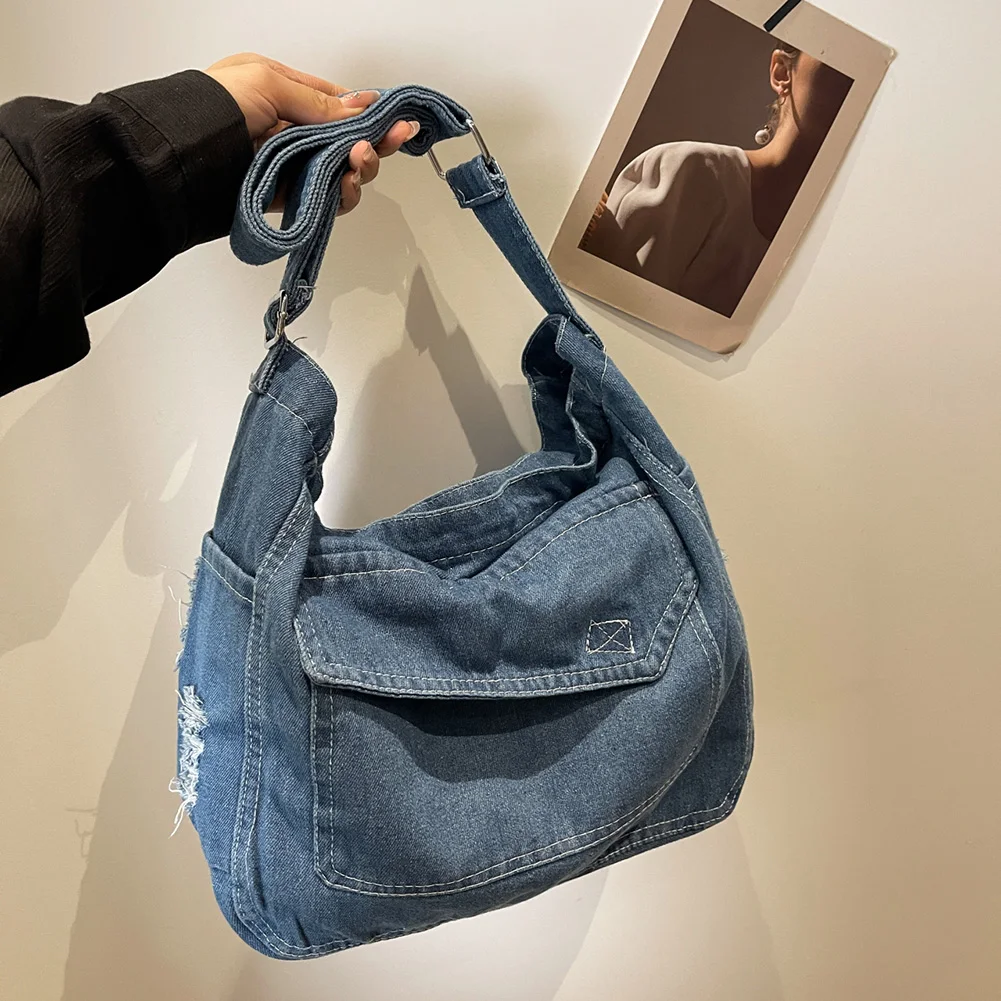 Denim Tote Bag Large Capacity Canvas Trendy Crossbody Bag with Zipper Adjustable Strap Casual Shoulder Purse for Women and Girls