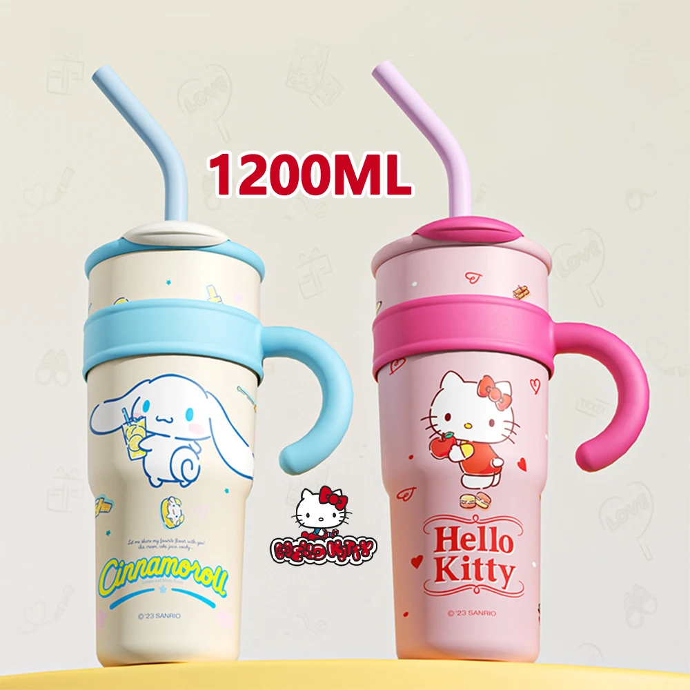 1200ML Sanrio Cute Insulated Water Bottle Big Mac Hello Kitty Large Capacity Straw Thermos Cup My Melody Cartoon Children Cup