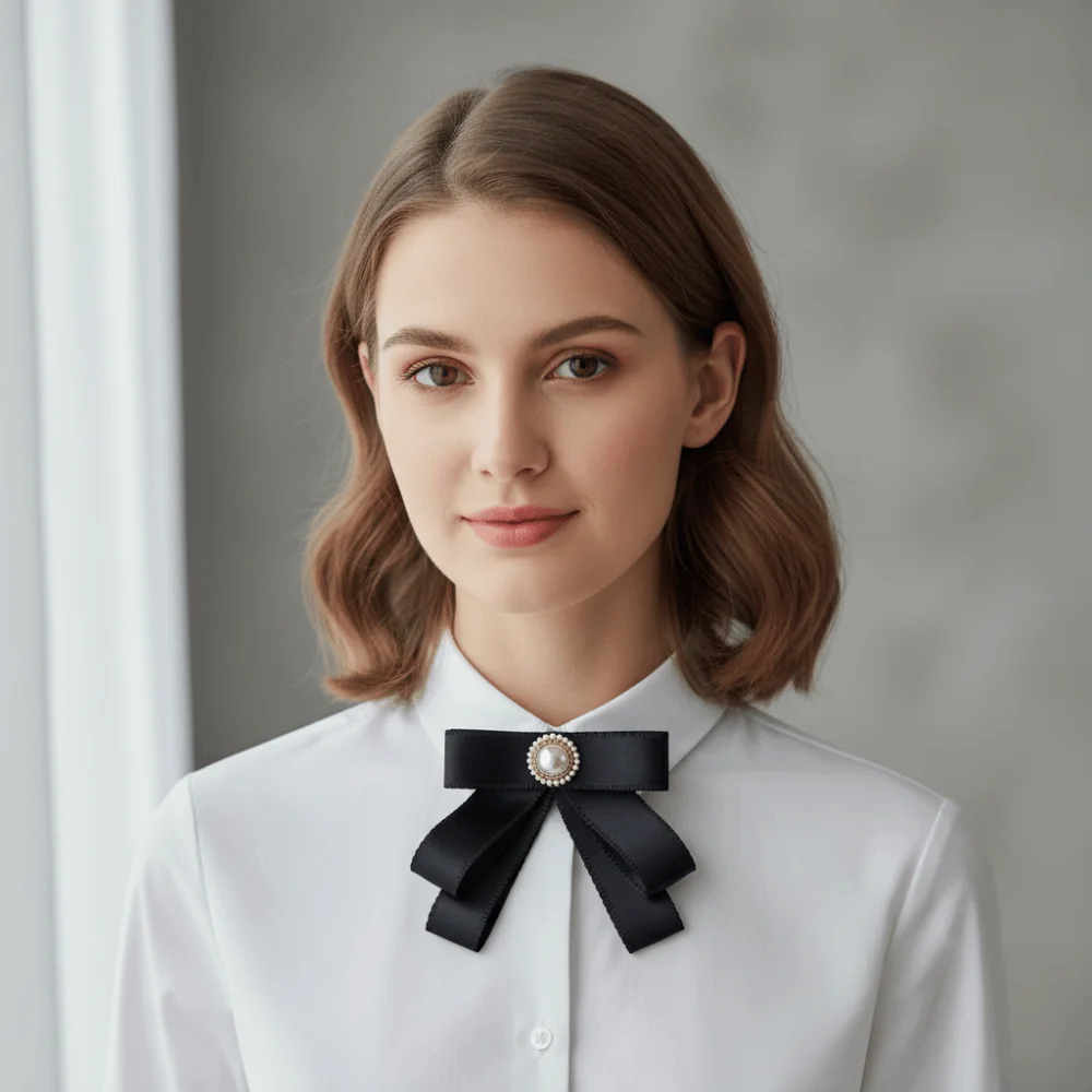 Simple Solid Color Black Ribbon Pin Pearl Rhinestones Black Bow Necktie Multi-layer JK Funerals Memorial Pin Mourning