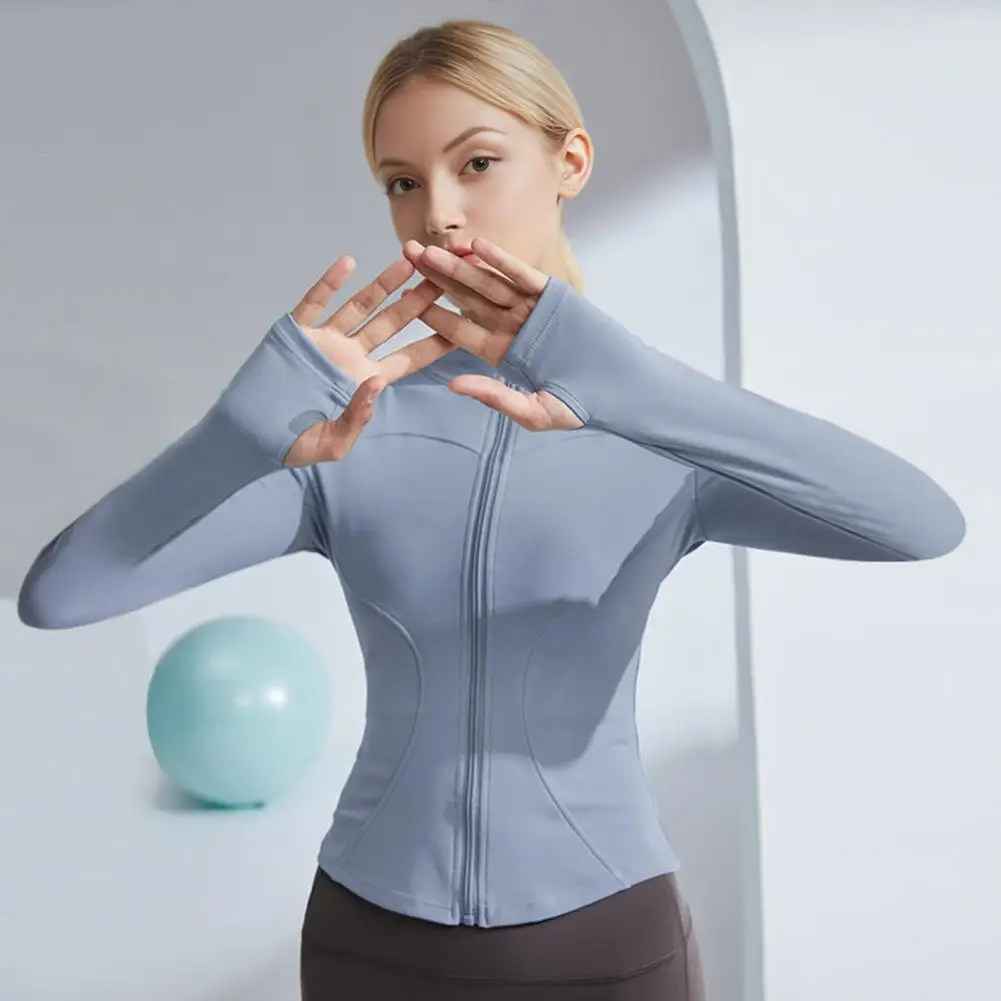 Yoga Clothes Thumb Hole Sleeves Yoga Top Women Long Sleeve Workout Tops Quick Dry Full Zip Crop Jackets Athletic for Running