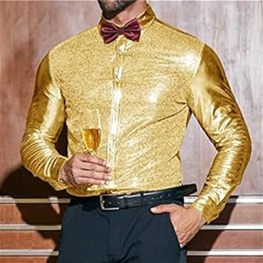 

2026 New Gold Sequins Glitter Men Dress Shirts Prom Costume Stage Dancing Tops Shiny Nightclub Shirt Men's Wedding Clothing