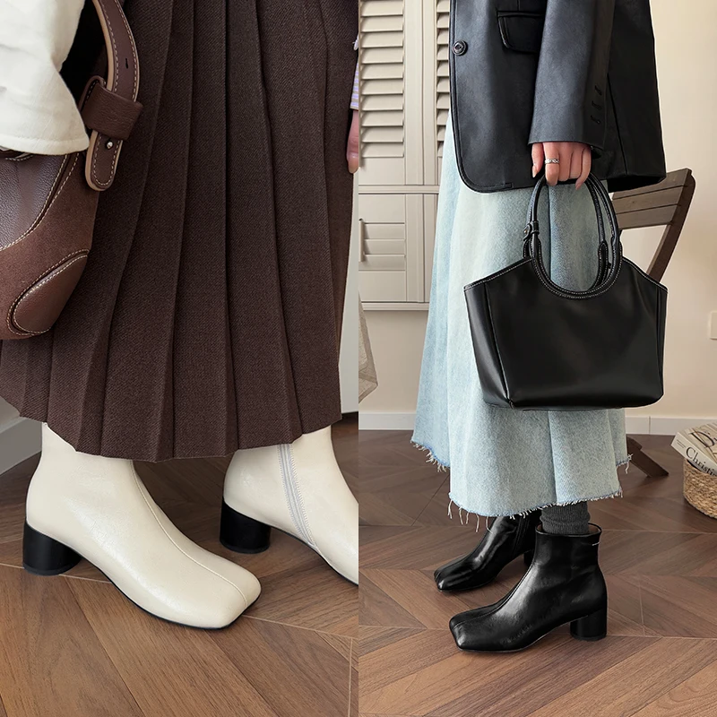 

2026, осенне-зимние женские ботильоны из натуральной кожи, современные ботинки из воловьей кожи с квадратным носком, круглый каблук, короткие ботинки на молнии сбоку