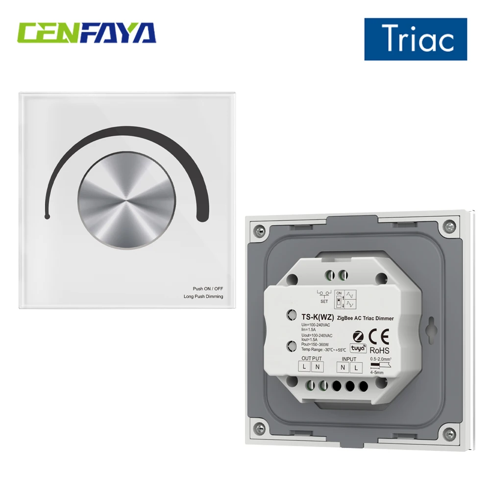 ZigBee Triac Dimmer Light Switch Rotary Glass Panel Dimming Tuya APP Voice Smart Control for Single Color Dimmable LED Lamps