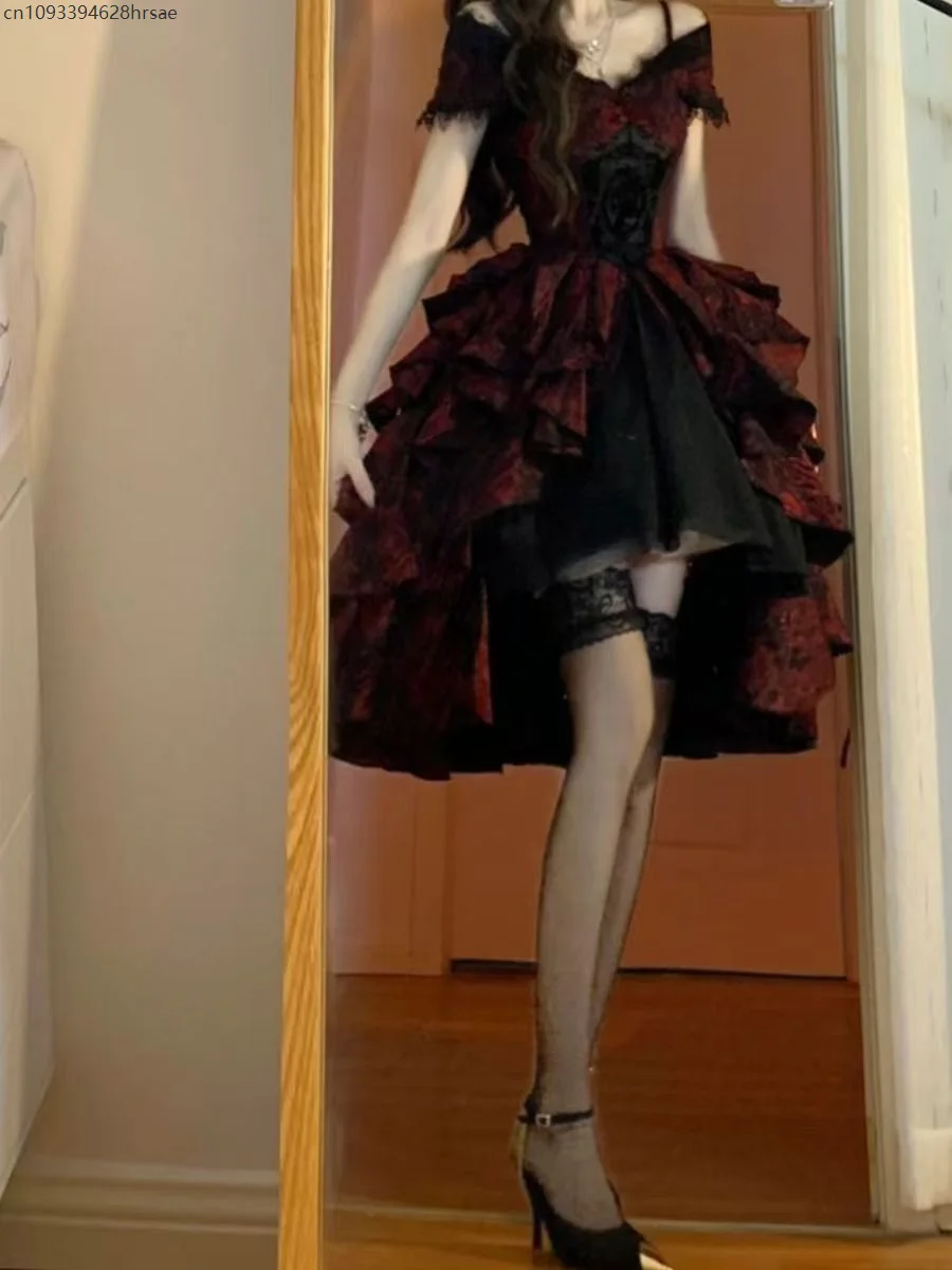 Spring Summer New Heavy Light Luxury Off-shoulder Cosplay Fluffy Princess Dress Gothic Lolita Black and Red Jacquard Wave Dress