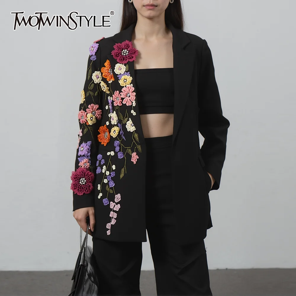 

TWOTWINSTYLE Black Spliced Embroidery Jacket Female Lapel Long Sleeve Slimming Casual Women's Jackets Summer Fashion Style New