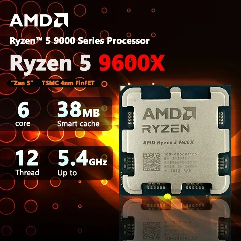 AMD R5 9600X New Ryzen 5 9600X Processor 5.4GHz 6-Core 12-Thread 38MB Game Cache 4NM TDP 65W Socket AM5 Gaming CPU Zen 5