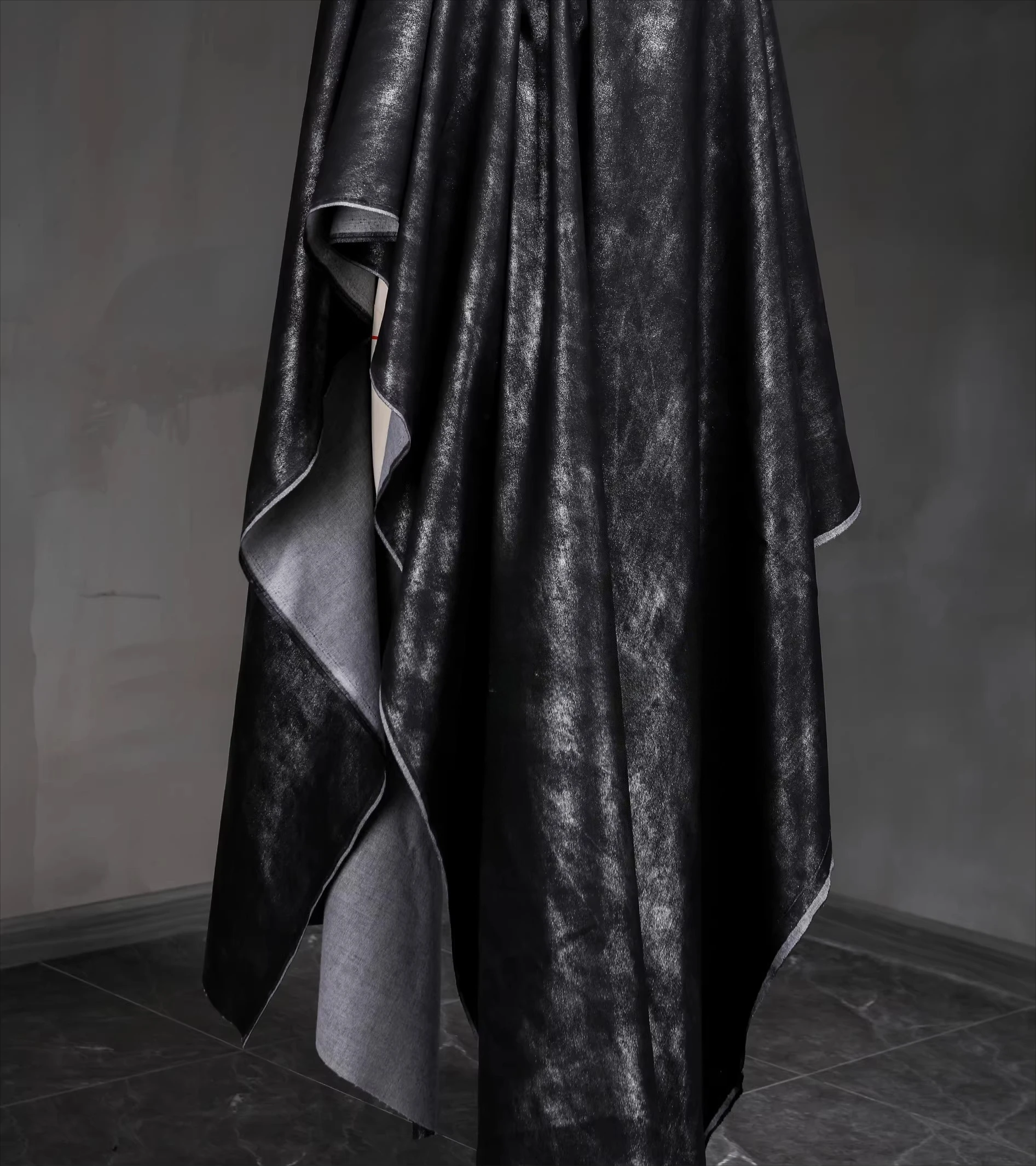 

Black Glial Denim Mottled Shimmering Leather, Distressed And Remade, Crisp Bag Jacket, Clothing Designer Fabric