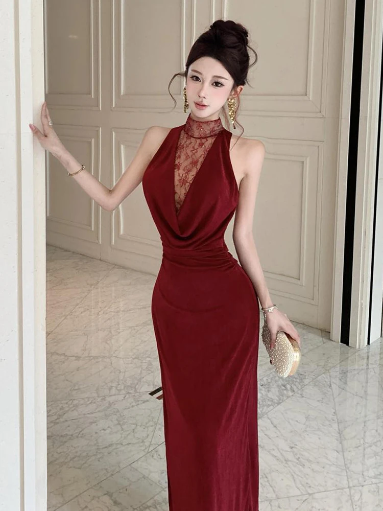 Elegantes Abend-Maxikleid Sommer Damen Spitzenbesatz Ärmellos Gerafftes Bodycon Langes Kleid für Dates Formelle Partys Abendveranstaltungen