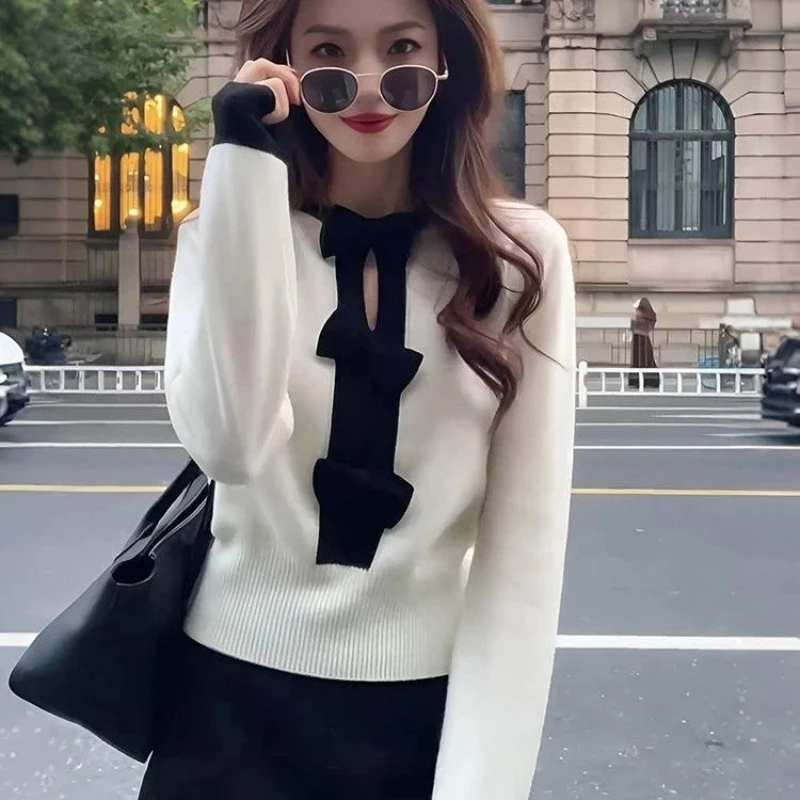 

Hollow Out Contrast Patchwork Knit Sexy Pullovers Autumn Winter Long Sleeve Korean Youth Sweaters Casual Fashion Women Clothing