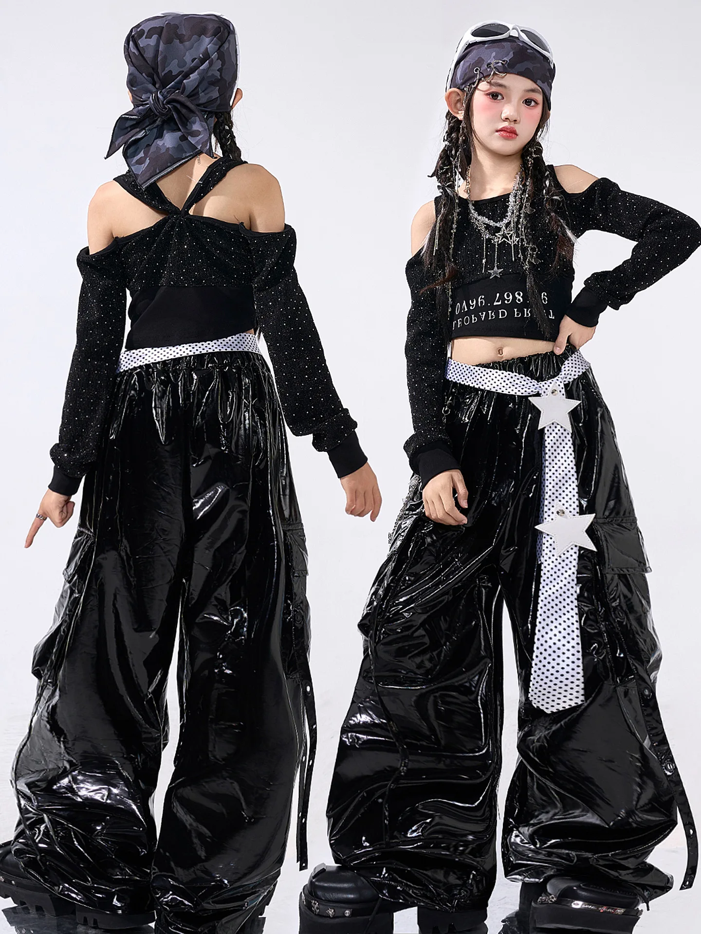 재즈 댄스 의상 소녀용 블랙 스팽글 탑 가죽 바지 케이팝 힙합 공연 의상 캣워크 무대 의상