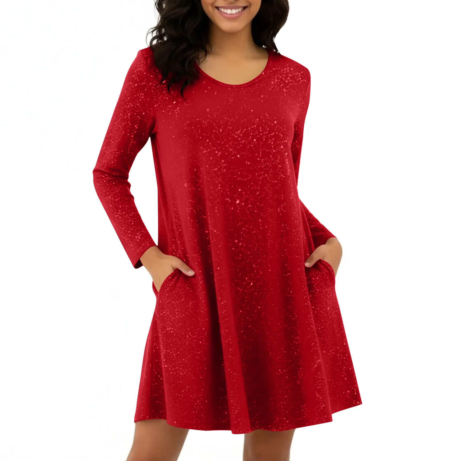 

2026 Summer New Women's Crew Neck Sequin Long Sleeve Dress Solid Color Casual Loose Dress with Pockets for Daily & Party Wear