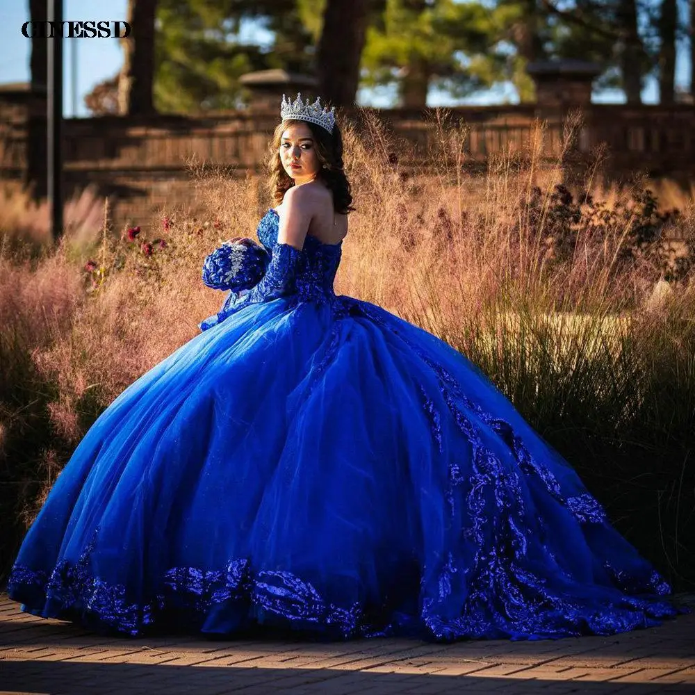 Koningsblauwe Kristallen Appliques Baljurk Quinceanera Jurken Lieverd Afneembare Lange Mouw Korset Gewaad Princesse Fem