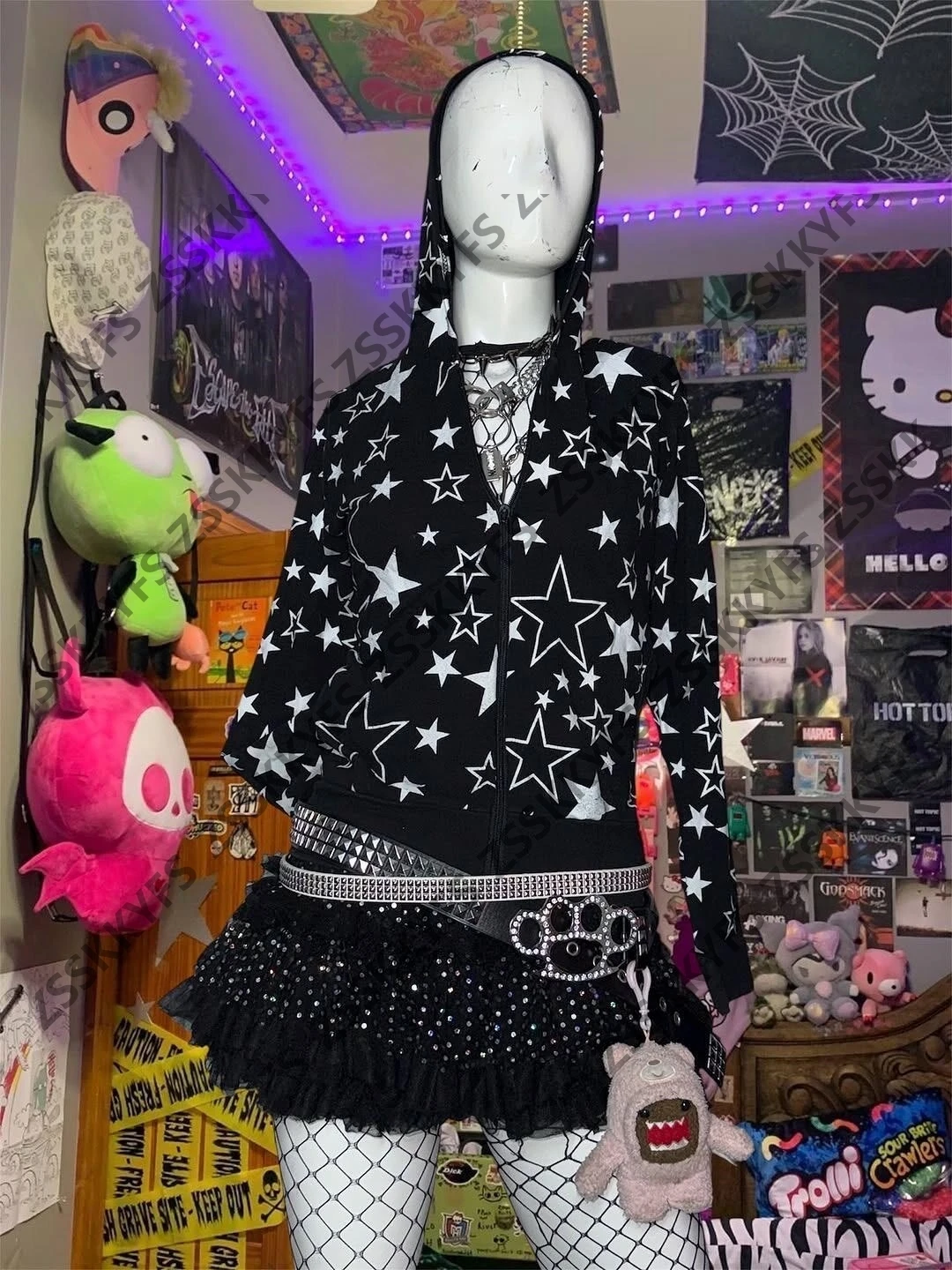 Y2k chemise à capuche étoile imprimé fille Streetwear Hip-hop sweats à capuche zippé Vintage hiver années 90 manches longues Blouse veste emo