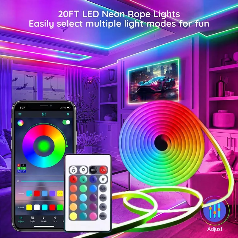 

RGB неоновая светодиодная лента USB водонепроницаемая гибкая неоновая лампа с приложением Bluetooth 24-клавишный пульт дистанционного управления для домашнего украшения комнаты на открытом воздухе