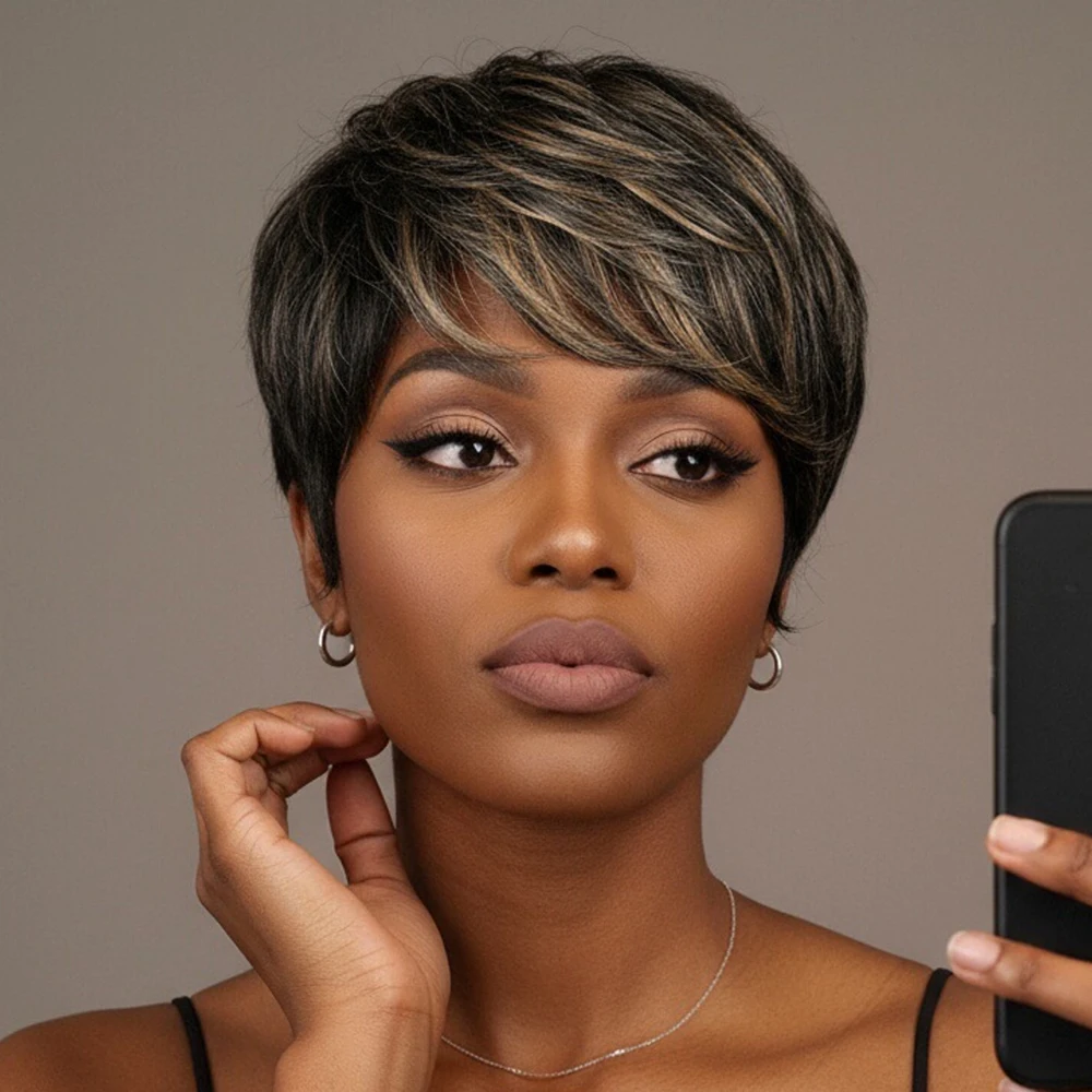 باروكة شعر بشري برازيلي مستقيمة ذات ألوان مختلطة، باروكات شعر بشري برازيلي، طبقات قصيرة مع غرة مقطوعة مسبقًا للنساء مصنوعة آليًا بالكامل