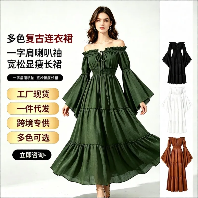 Halloween Cotton Linen Dress Women Off Shoulder Flare Sleeve Slim Waist Full Flare Long Dress Cosplay Party Performance Gown