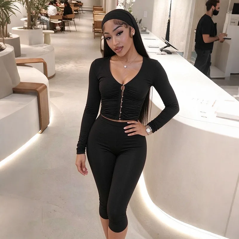 Ruched Button Front 2 Piece Outfit, V Neck Crop Top, Capri Pants & Matching Headband Casual Suit