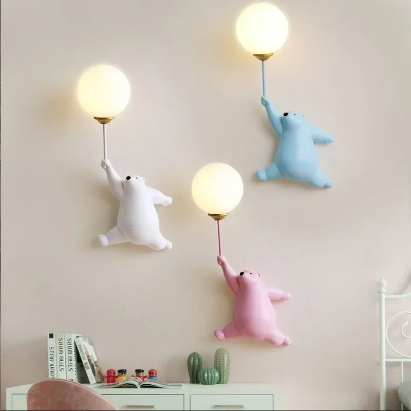 Cartoon Bear Wall Lamp Minimalist Creative Cute Children's Room Bedroom Pink Animal Background Decorative Lighting Fixtures