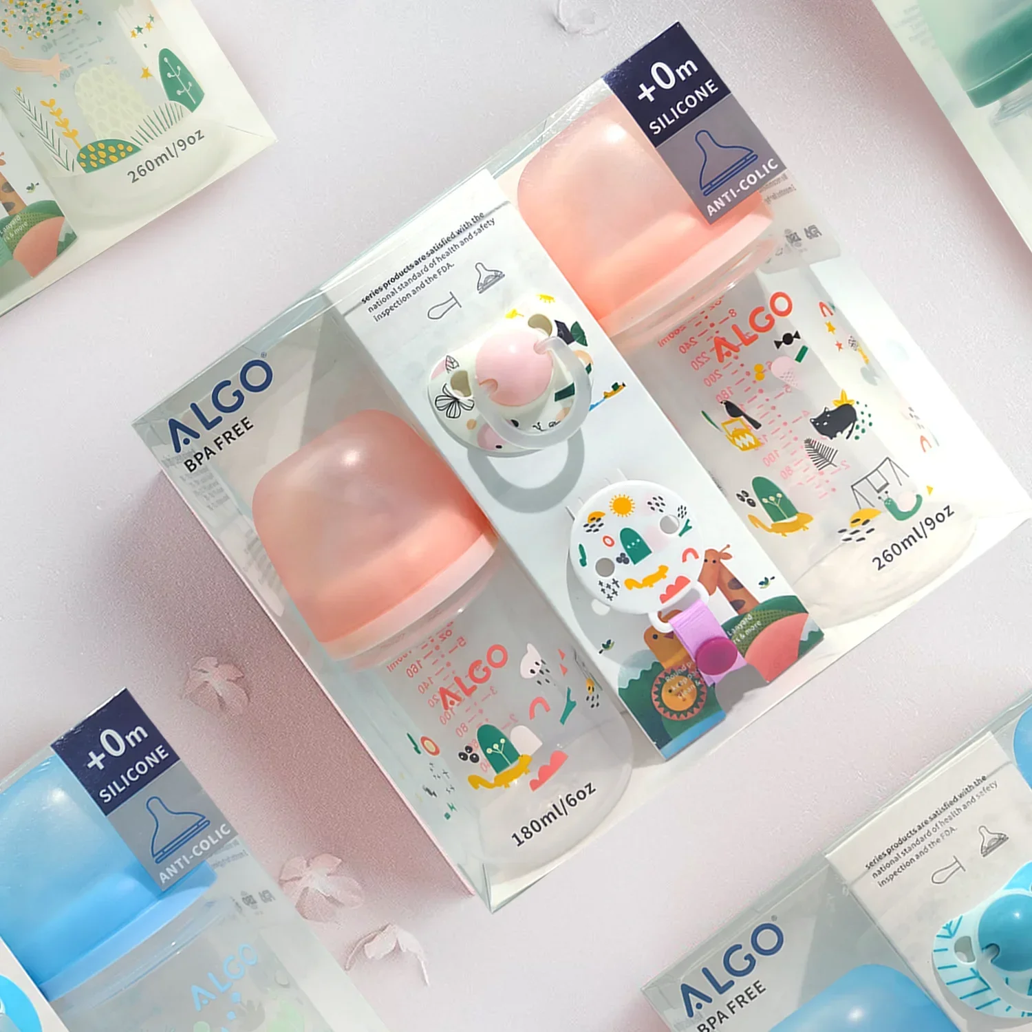 4-Piece Baby Feeding Set for 0-24 Months | Includes 2 Bottles, Pacifier & Lost-Proof Link | Essential Newborn Supplies