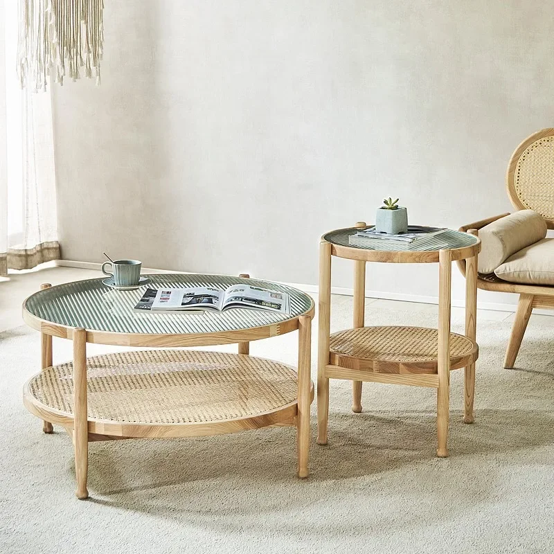 Modern minimalist small unit size round table combination household solid wood rattan woven coffee table living room double laye