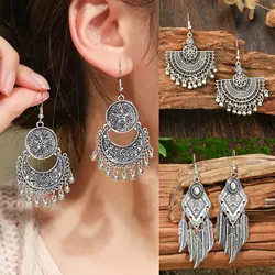 Ethnic Gypsy Silver Color Indian Earrings Women's Geometric Metal Carved Bead Feather Tassel Earrings Vintage Female Jewelry